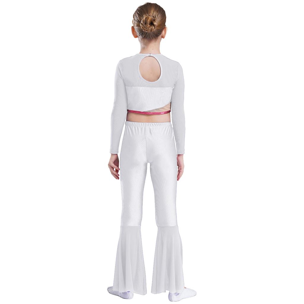 Girls Metallic Sequin Dance Set Long Sleeve Crop Top Paired with Sheer Mesh Bell Bottom Pants Performance Outfit