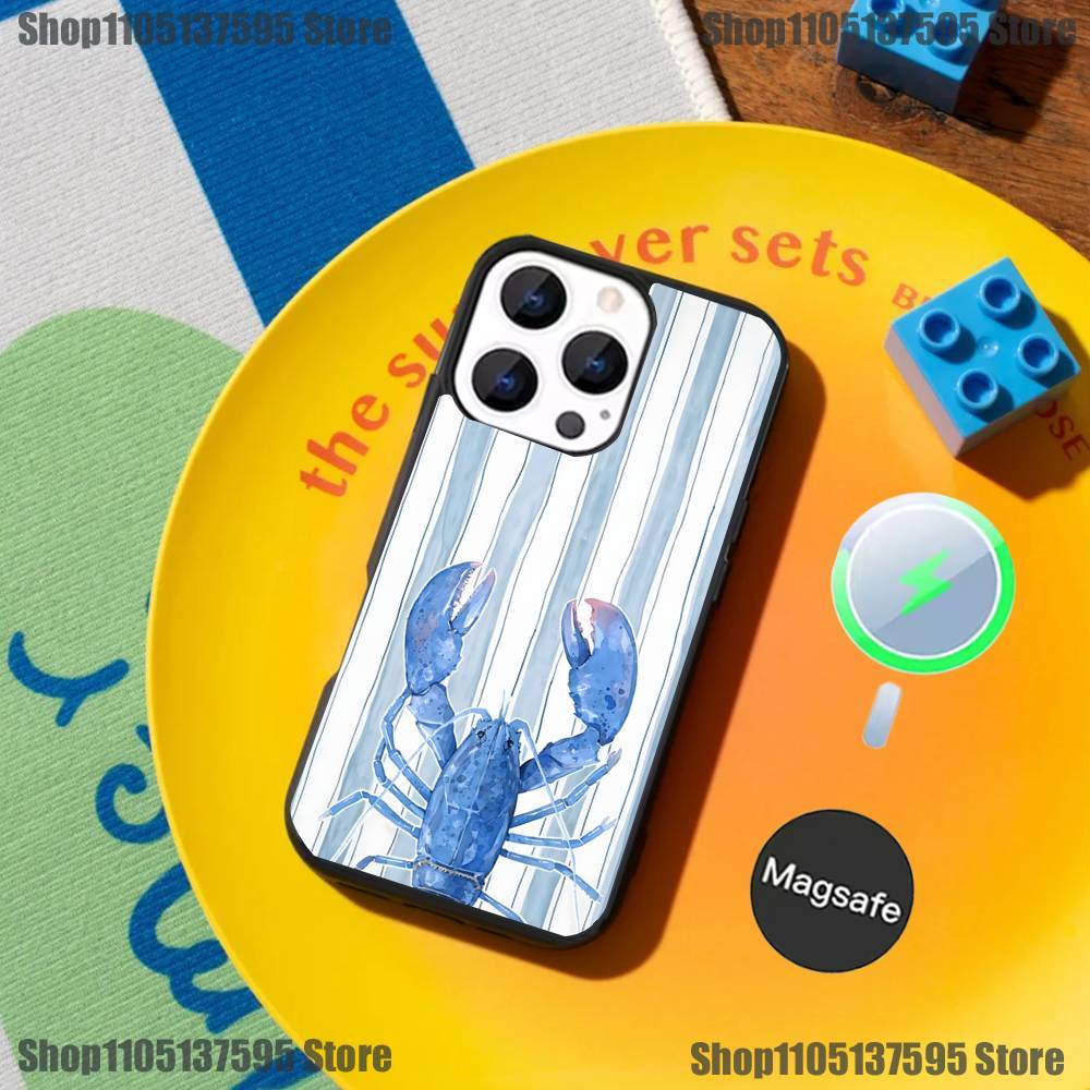 Lobster On Stripes Ocean Phone Case For iPhone 17,16,15,14,13,12,11,Pro,Max,Plus,Mini,SE4,E Magnetic Magsafe Wireless Charging