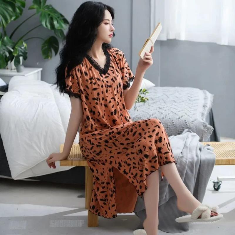 Women's Leopard Print Lace Trim V-Neck Short Sleeve Long Nightgown