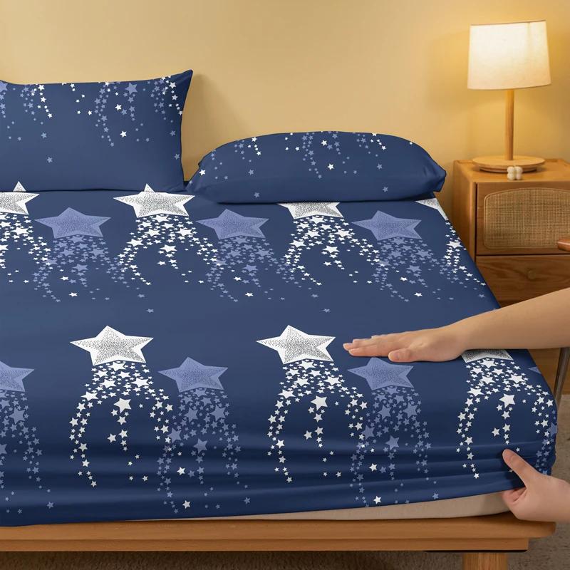 Simple 1 Modern Pentagram Geometry Printed Matte Fitted Sheet, Bedroom Printed Bed Cover, Bedding Excluding Pillowcases