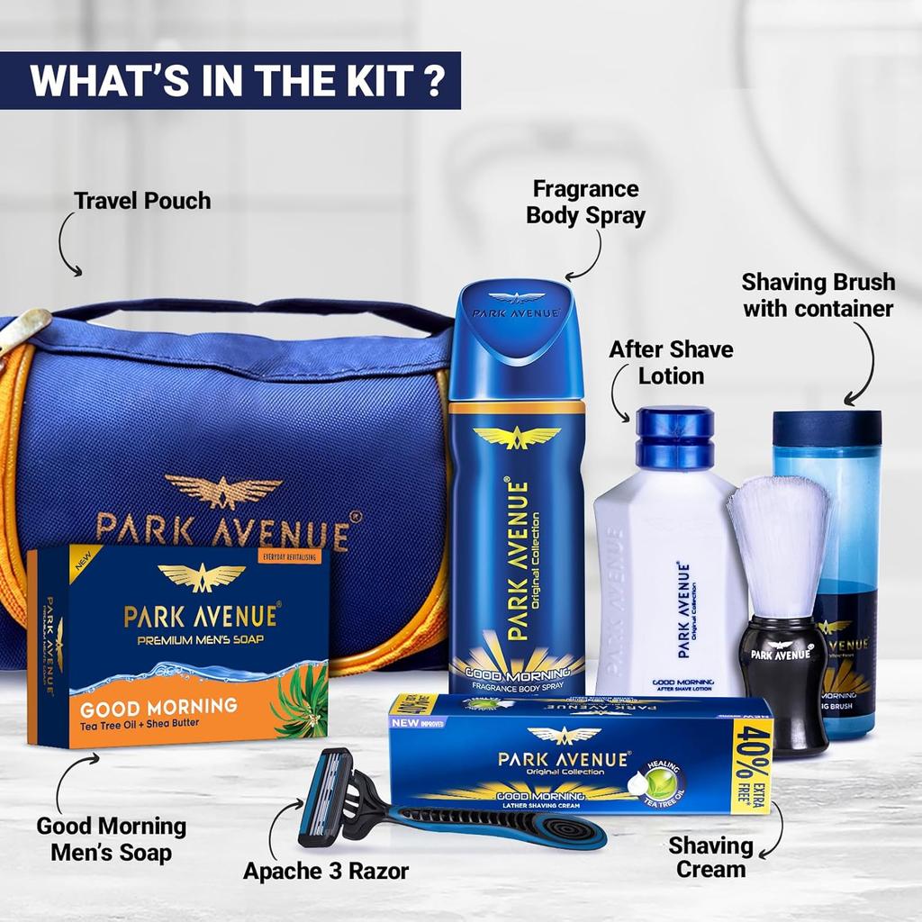 Park Avenue Good Morning Grooming Kit 7-in-1 Shaving Set for Men with Travel Pouch and Gift Hamper for Dad