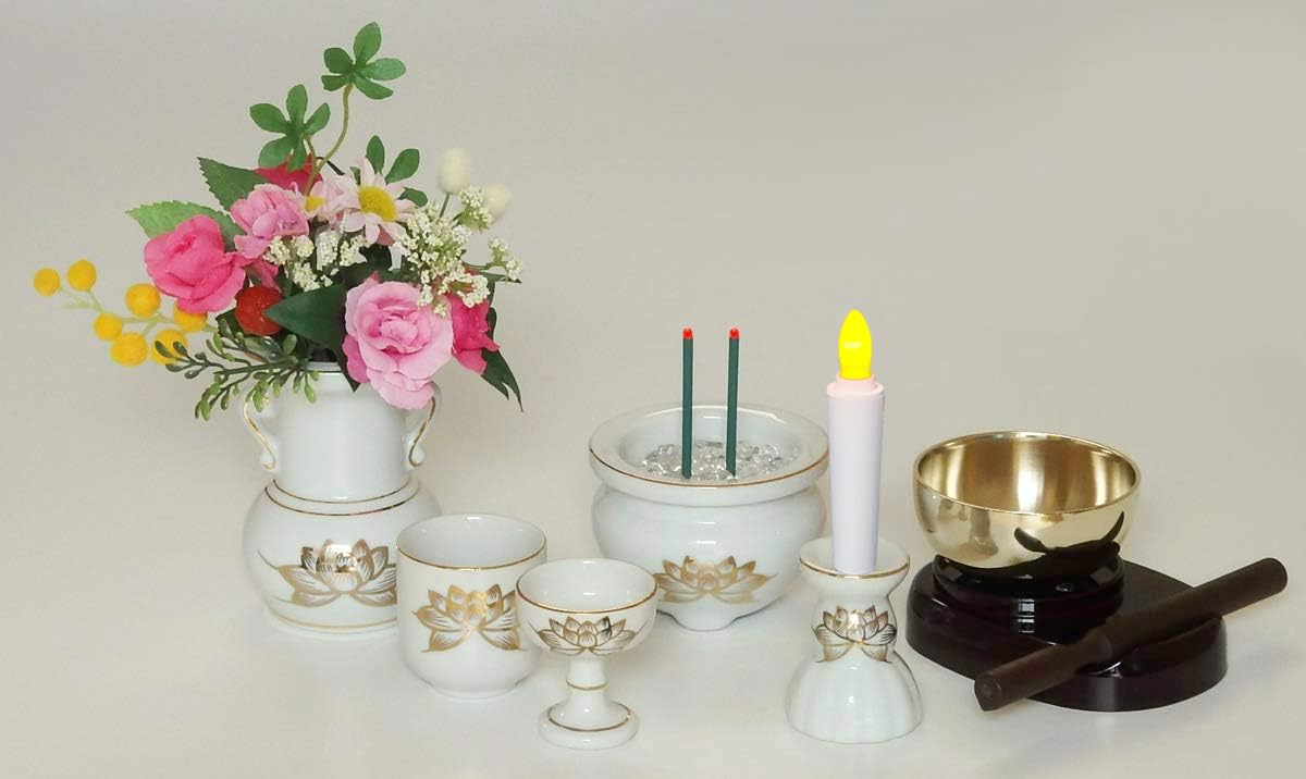 

[Hualien] Japanese-Made Ceramic Buddhist Altar Accessories, Tenku, 5-Piece Set with Timer-Operated LEDs, Flickering LED Candles, LED Incense,