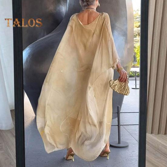 Rochie maxi pentru femei, fluidă, cu gât rotund, mâneci liliac neregulate, cu texturi de marmură, imprimate supradimensionate, până la gleznă, ocazională.