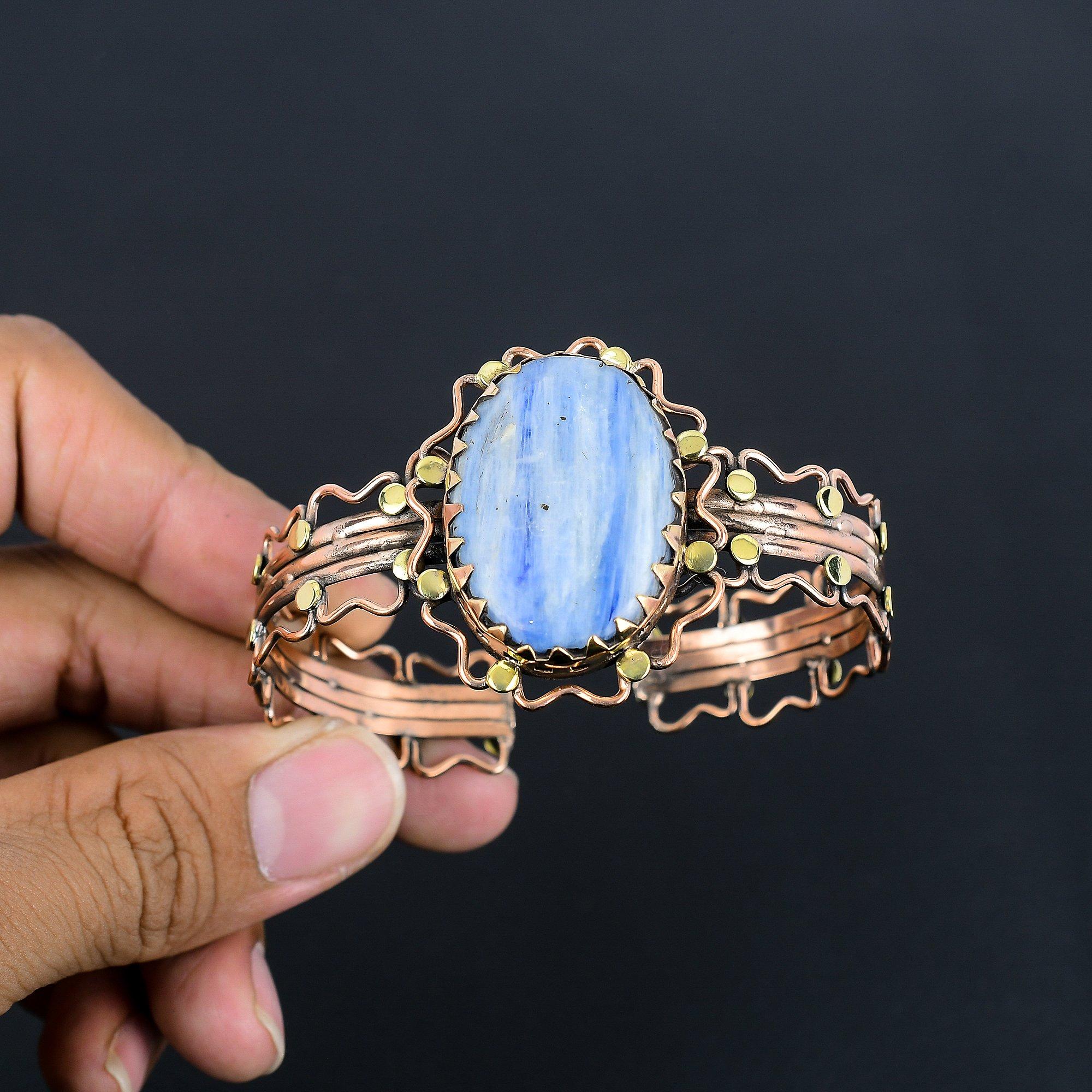 

Браслет из голубого шеелита, ювелирные изделия из драгоценных камней, обернутые медной проволокой 999 пробы, браслет ручной работы на День благодарения