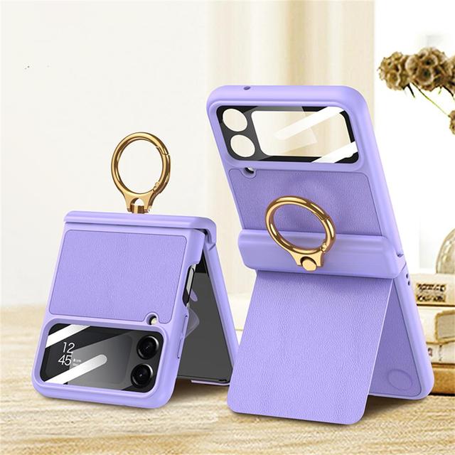 For Samsung Galaxy Z Flip 4 Case Ultra -Thin Plain Leather Magnetic Hinge Finger Ring Holder Bracket Mirror Film Shockproof Cover