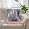 1pc Pillowcase, Charming White Lion and Elf Woman Polyester Pillowcase, Machine Washable, Zipper Closure, Modern Style, Snowy Forest Design, Suitable 