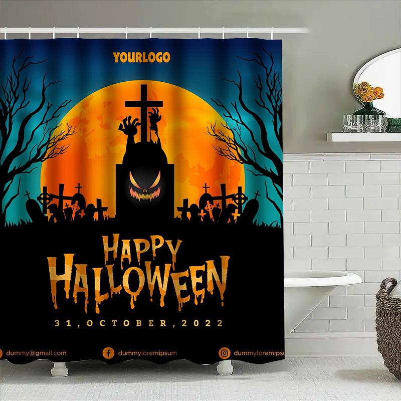 

Spooky Halloween Shower Curtain Creepy Ghosts & Pumpkins Dark Blue Backdrop Perfect For October Decorations! W60H190(CM)-1 Pcs