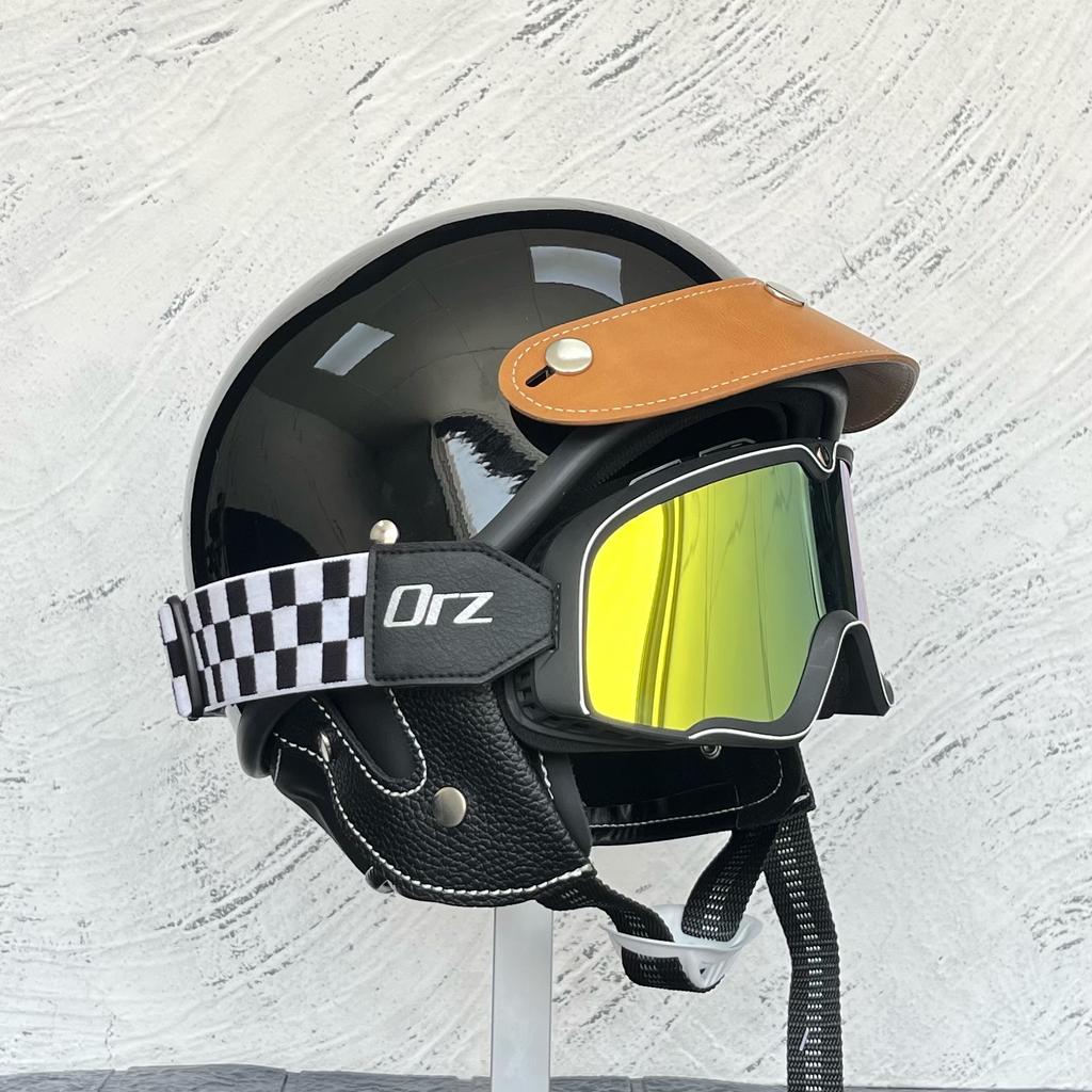 ORZ-Vintage 3/4 Scooter Helmet with Goggles Kit Windproof Anti UV Open Face Motorbike Helmet Unisex Street Riding Protection