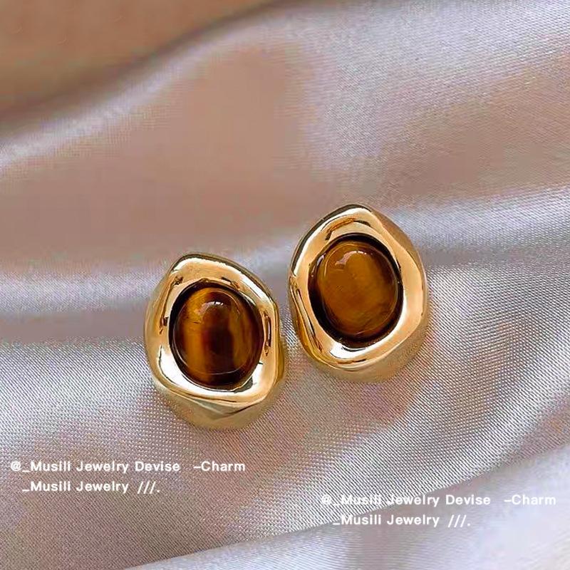 Tiger Eye Stone Earrings Alloy High End Ear Accessories Maillard Earrings Light Luxury Light Luxury Earrings For Gifts Daily