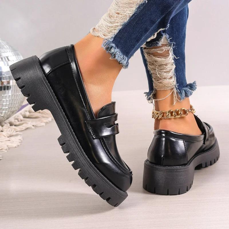 Casual Platform Loafers Woman 2026 British Style Black Brown PU Leather Shoes for Women Comfort Slip On Flats Plus Size