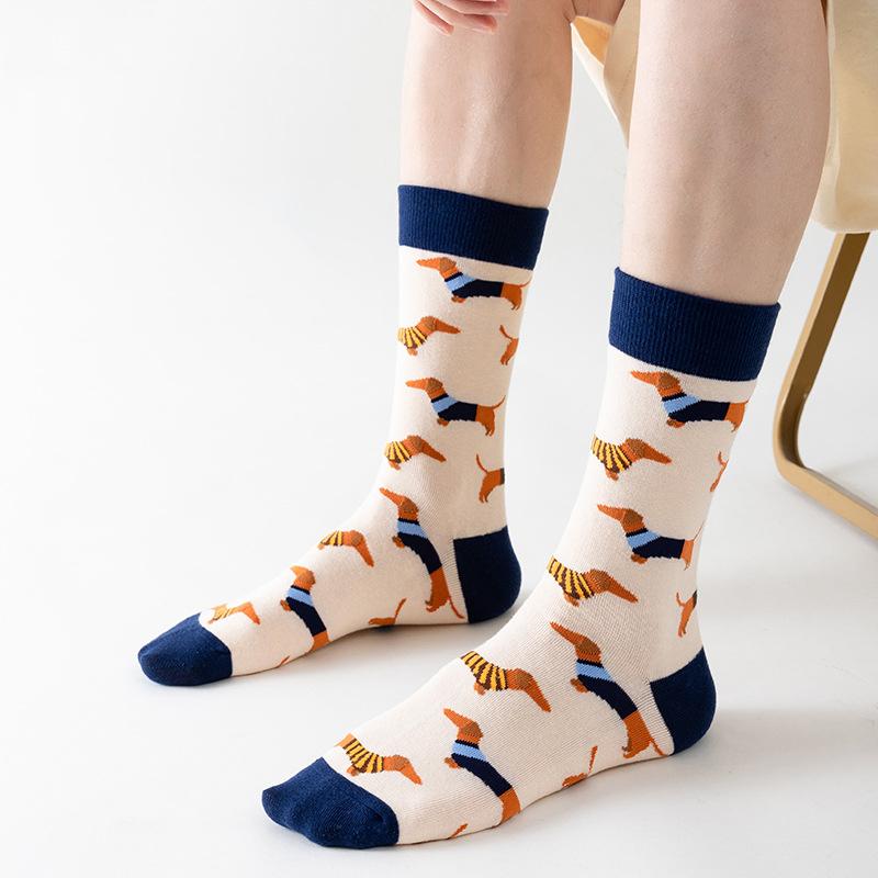 1/5 Pairs Unisex Puppy Print Round Neck Socks Fashionable Animal Soft Comfortable Sweat Absorbing Breathable Cotton Casual Socks