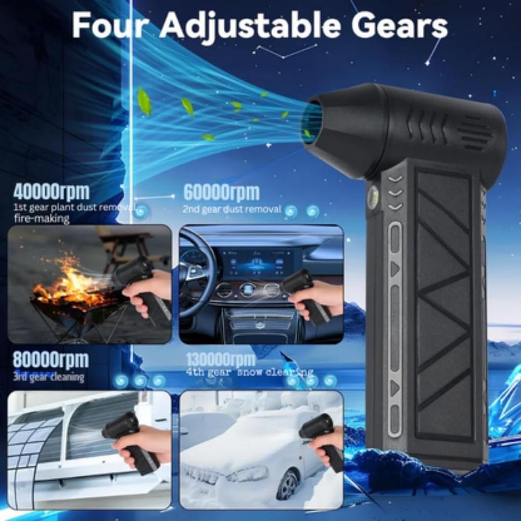 Brushless Mini LED Turbo Air Blower 130,000 RPM Portable Handheld Snow Removal Tool for Cars & Driveways, 4 Gear Adjustable Super Power Turbo Breeze