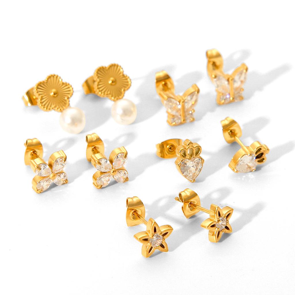 Butterfly Zircon Star Stud Earrings, Ins Style Light Luxury Stainless Steel Five-Petal Flower Pearl Ear Jewelryarrings