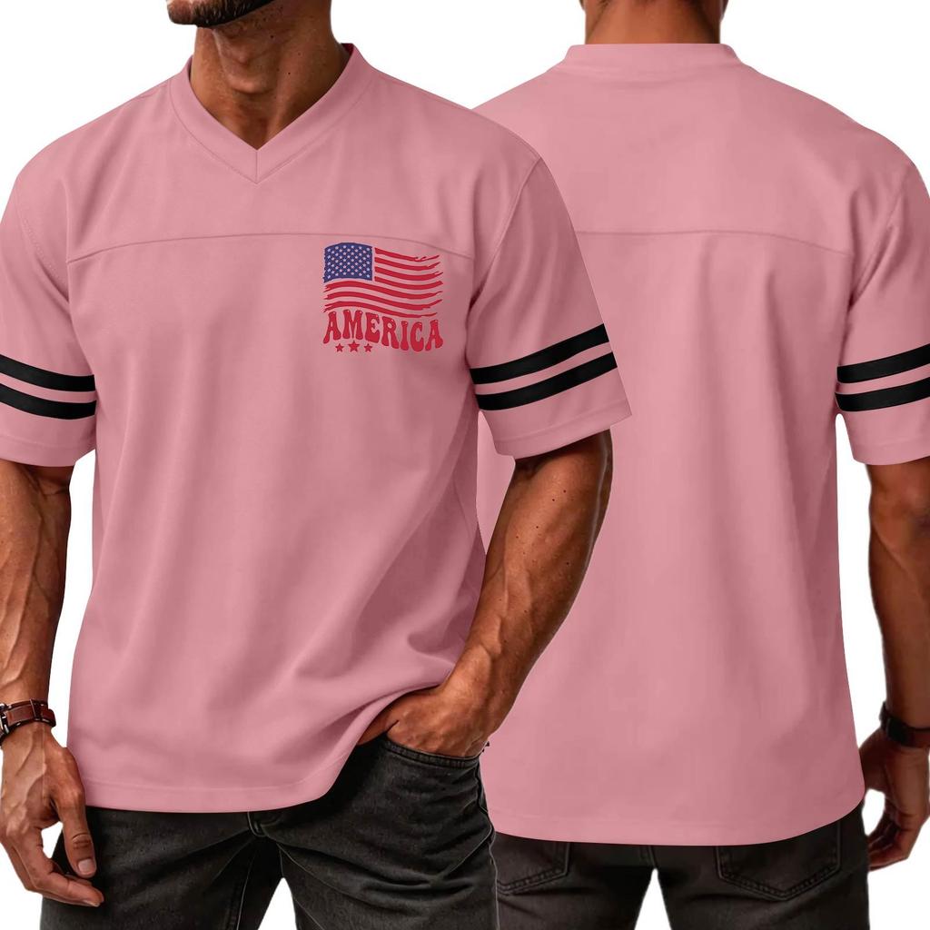 Men V Neck Short Sleeve Casual Sports T Shirt with Independence Day Print and Striped Sleeves for Everyday Wear