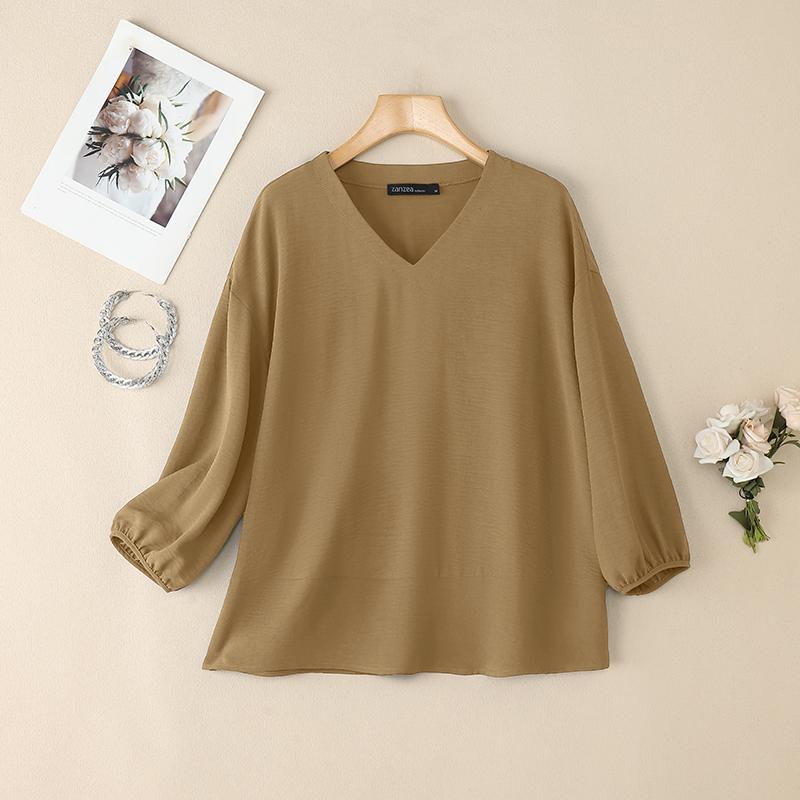

ZANZEA Женская повседневная однотонная блузка с v-образным вырезом и рукавами 3/4 5XL хаки