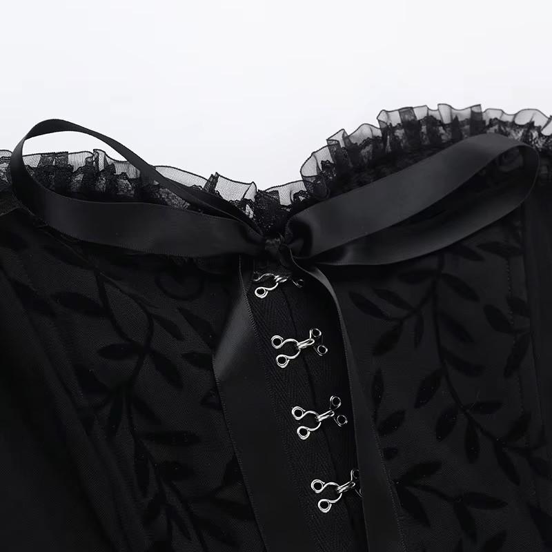 Gothic Goth Dark Lace Patchwork Bandage Strapless Corset Dress Party Gown Fairy Backless Tailed Women