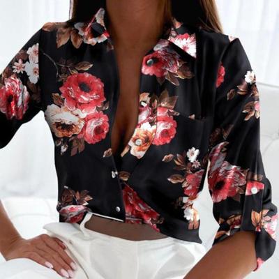 Streetwear Large Size Print Turndown Loose Long Floral Sleeves Elegant Office Collar Button Down Blouse Top