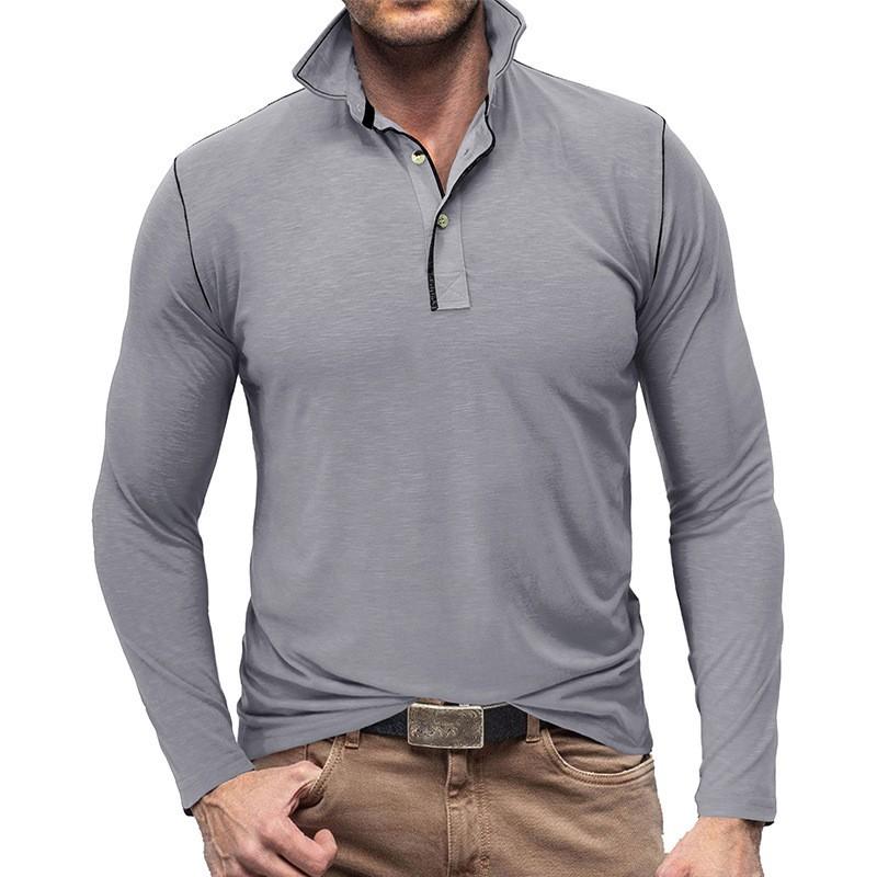 Mens Long Sleeve Solid Turn Down Collar Polo Shirt Casual Mens Top S серый
