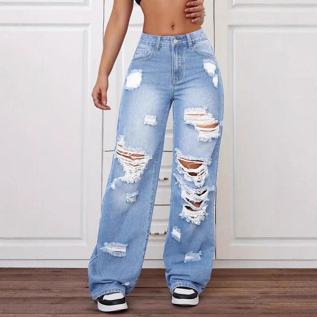Jean droit taille haute déchiré - Pantalon polyvalent en denim délavé pour femme