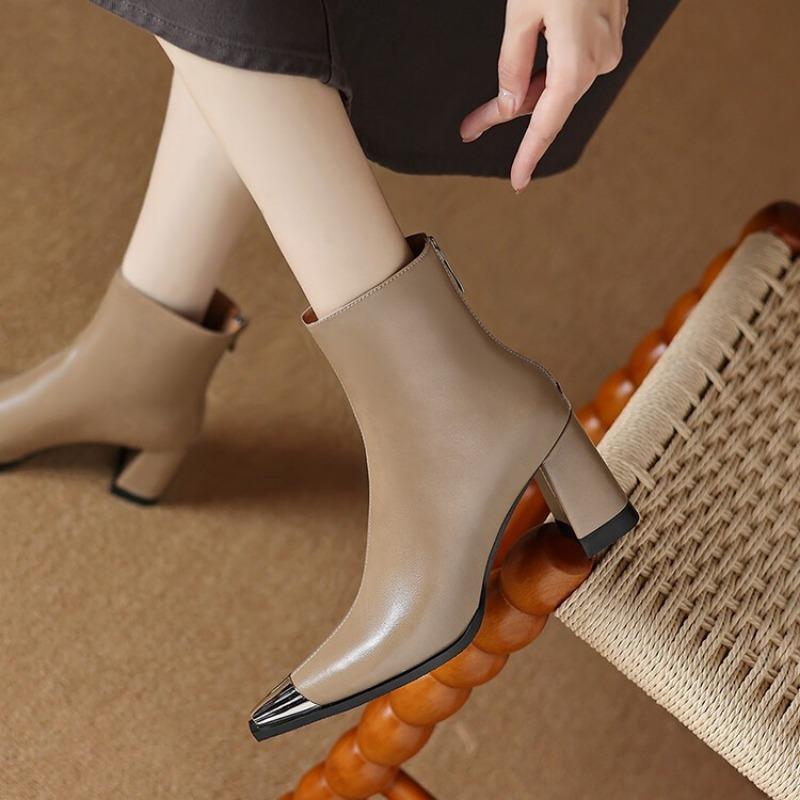 Fashion New Autumn Winter Genuine Leather Women Shoes Fashion Metal Square Toe Boots for Women Chunky Heels High Heels Boots Ankle Boots