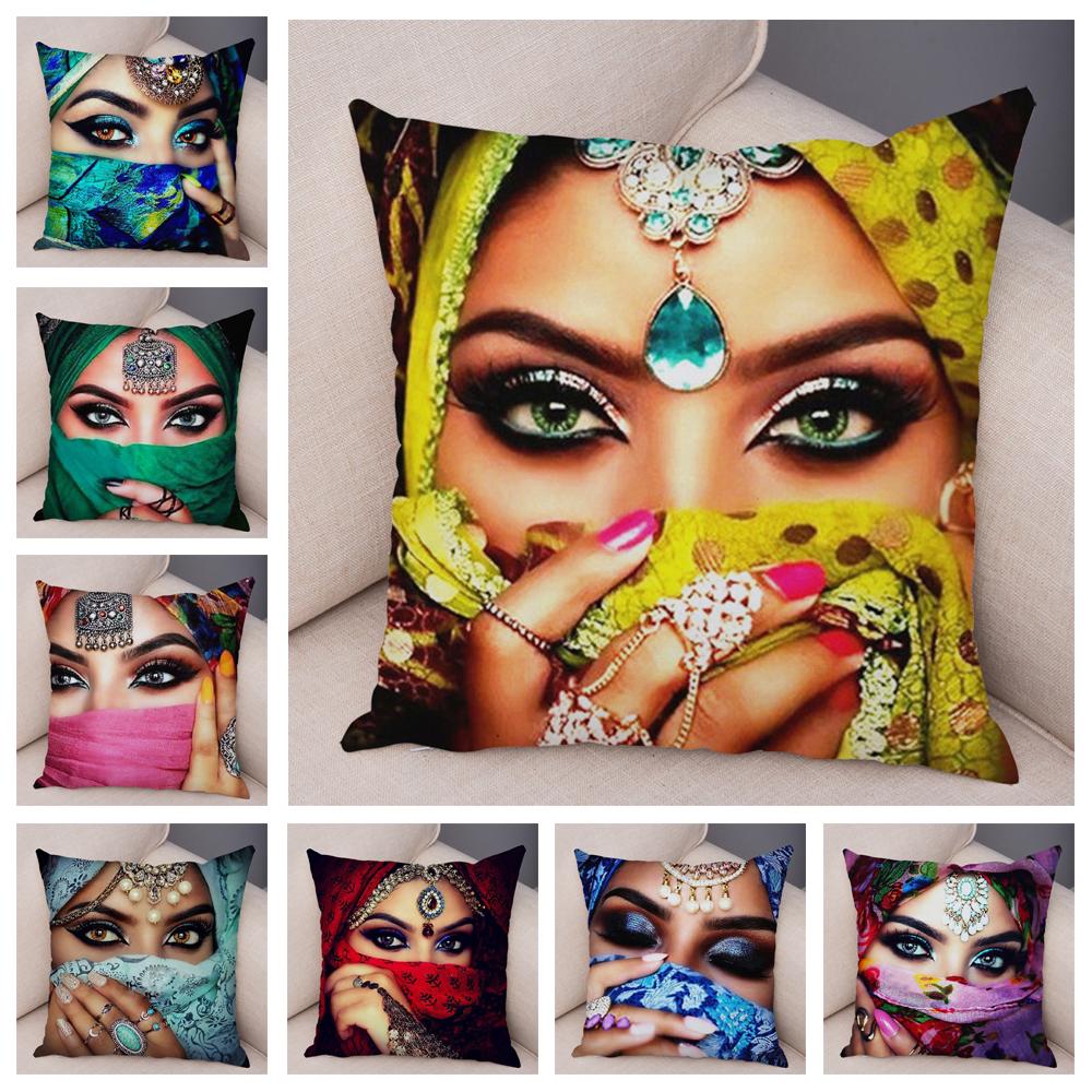 Beautiful Lady Pillow Case Decor Colorful Masked Woman Pillowcase Super Soft Plush Cushion Cover for Sofa Home Car Xcm