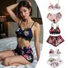 Women Bow Ribbon Bedroom Pajama Comfortable Sleepwear Bra Camisole Nightwear Satin Lace Ruffle Polyester 2pcs/set
