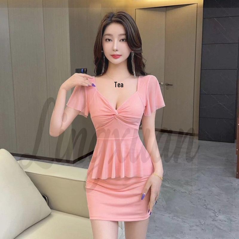 

Chic Flutter Sleeve Mesh Dress: Sexy Low-Cut, Hip-Hugging, Slimming Skirt with Belly Concealing Design XL