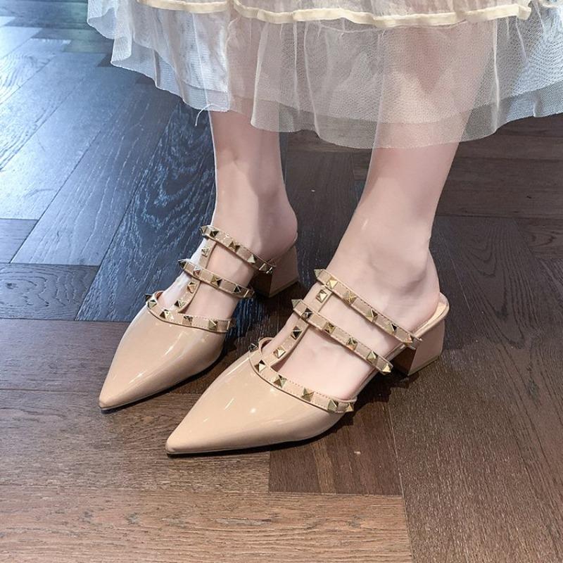 Fashion Women Leather Med Heels Shoes Electroplated Gold Stable Slides Pointy Toe Rivets Stud  Slippers Fashionable