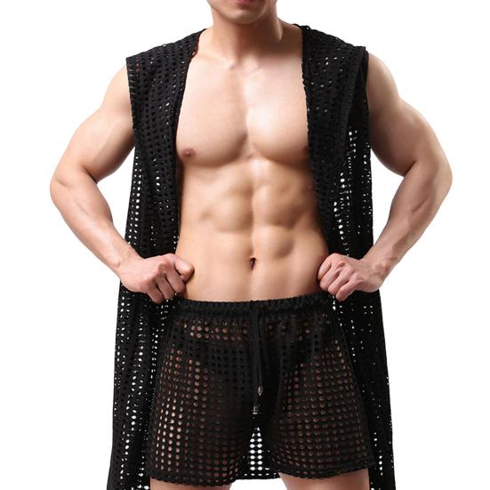 

Мужчины сексуальные ночные рукавы с капюшоном с твердым цветом Hollow Out Mesh Summer Loungewear Крушковая ночная одежда домашняя одежда домашняя одежда XL чёрный