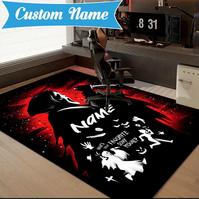 Custom Name Ghostface Horror Theme Rug for Living Room, Game Rooms, Office, Bedroom, Floor Mat Playful Design, fan gifts Christmas decor