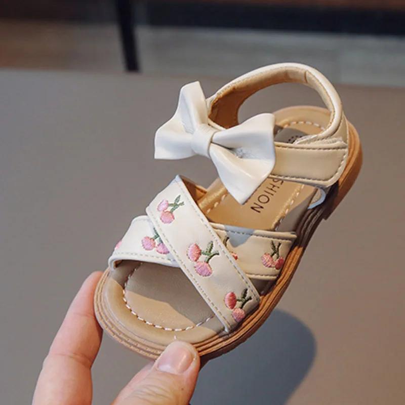 Summer Sandals for Girls Bow-knot Embroid Flower Children Sliders Green Pink 22-31 Classic All-match Soft Kids Flat Shoes H07051