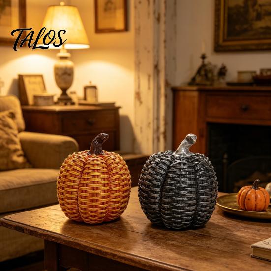 Thanksgiving Festive Table Decor Faux Rattan Resin Pumpkin Figurine, Vintage Distressed Orange Black Farmhouse Tabletop Fall Seasonal Window