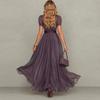 Vestido Largo de Gasa con Cuello Alto y Ribete de Encaje para Mujer, Mangas Cortas Abullonadas, Abertura Frontal, Cintura Plisada, Dobladillo Fluido, Elegante Vestido Largo