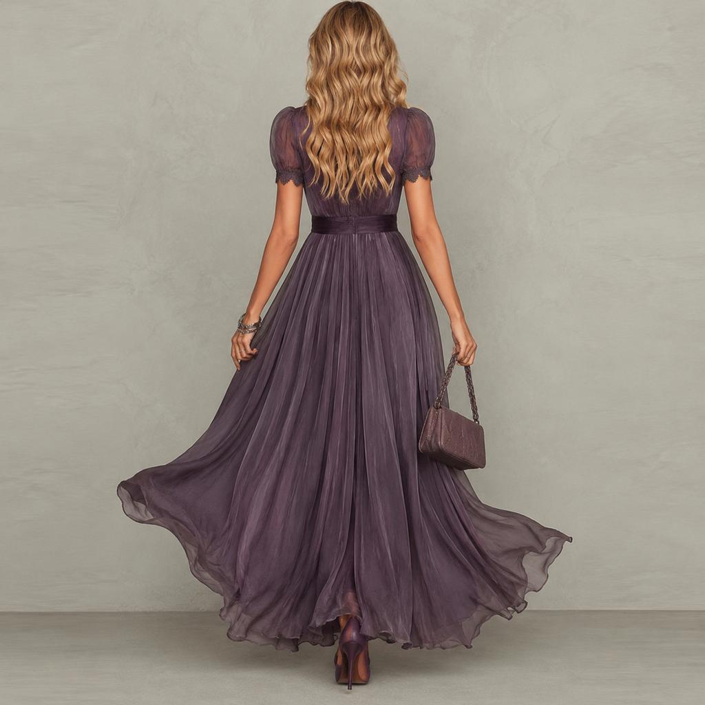 Vestido Largo de Gasa con Cuello Alto y Ribete de Encaje para Mujer, Mangas Cortas Abullonadas, Abertura Frontal, Cintura Plisada, Dobladillo Fluido, Elegante Vestido Largo