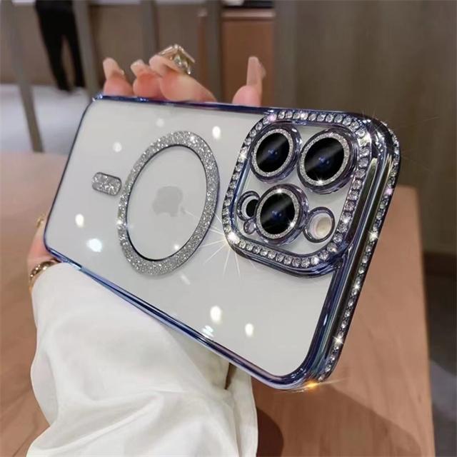 For iPhone 16E Pro Max Luxury Magsafe Magnetic Plating Flash Diamond Phone Case For iPhone 11 12 13 14 15 Plus Rhinestone Cover