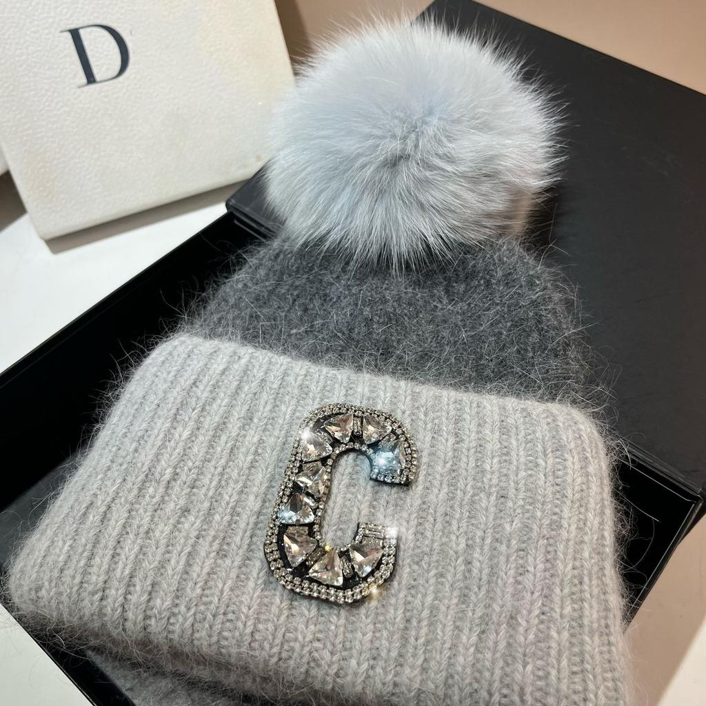 C Russian Winter Outdoor Thickened Double-Layer Warm Rabbit Fur Knitted Hat Northern Cold Fox Hairball Ear Protection Hat