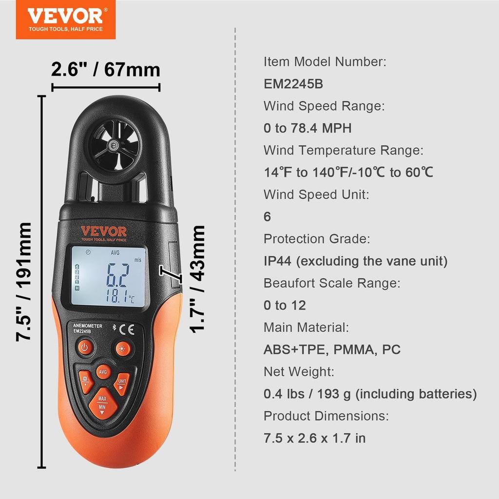 Bluetooth Handheld Anemometer, 14℉-140℉, Digital Wind Speed Meter Gauge with LED Backlight Screen, Measures Wind Velocity Wind Temperature Air Flow