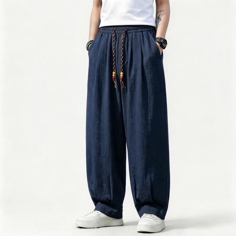 2026 Men New Chinese Style Imitation Linen Casual Pants Loose Lantern Harem Pants Elastic Waist Lightweight Trousers Streetwear