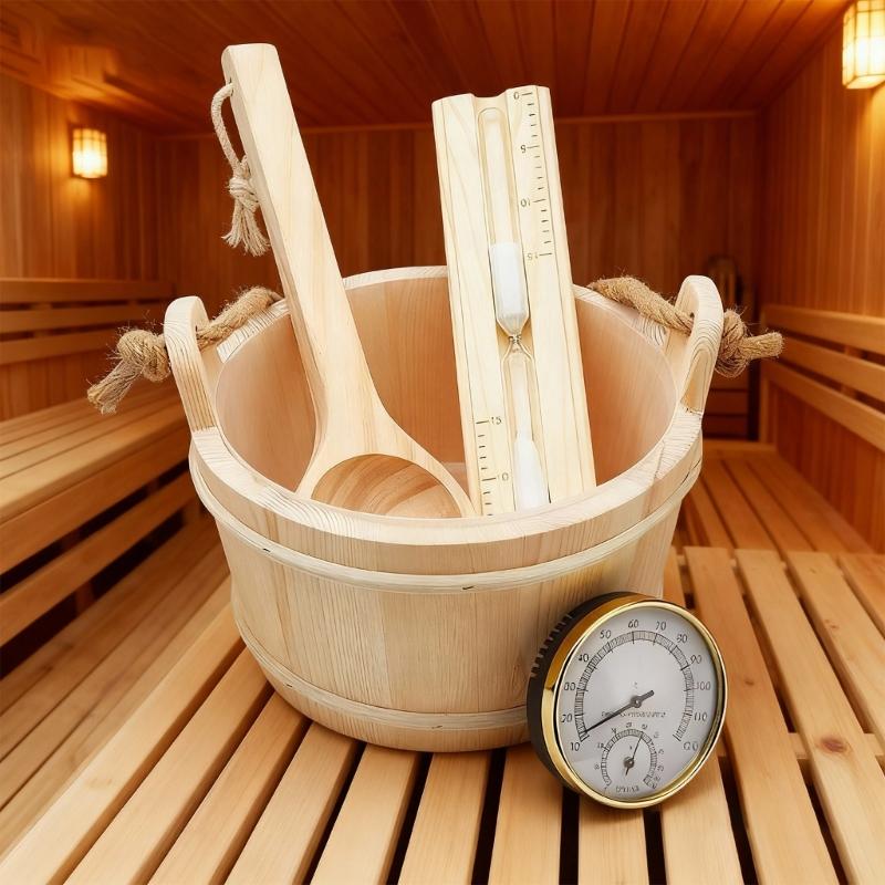 Sauna Accessories Set Includes Wood Bucket Long Handle Spoon Hourglasses Thermograph for Steam Room Bathroom Enduring