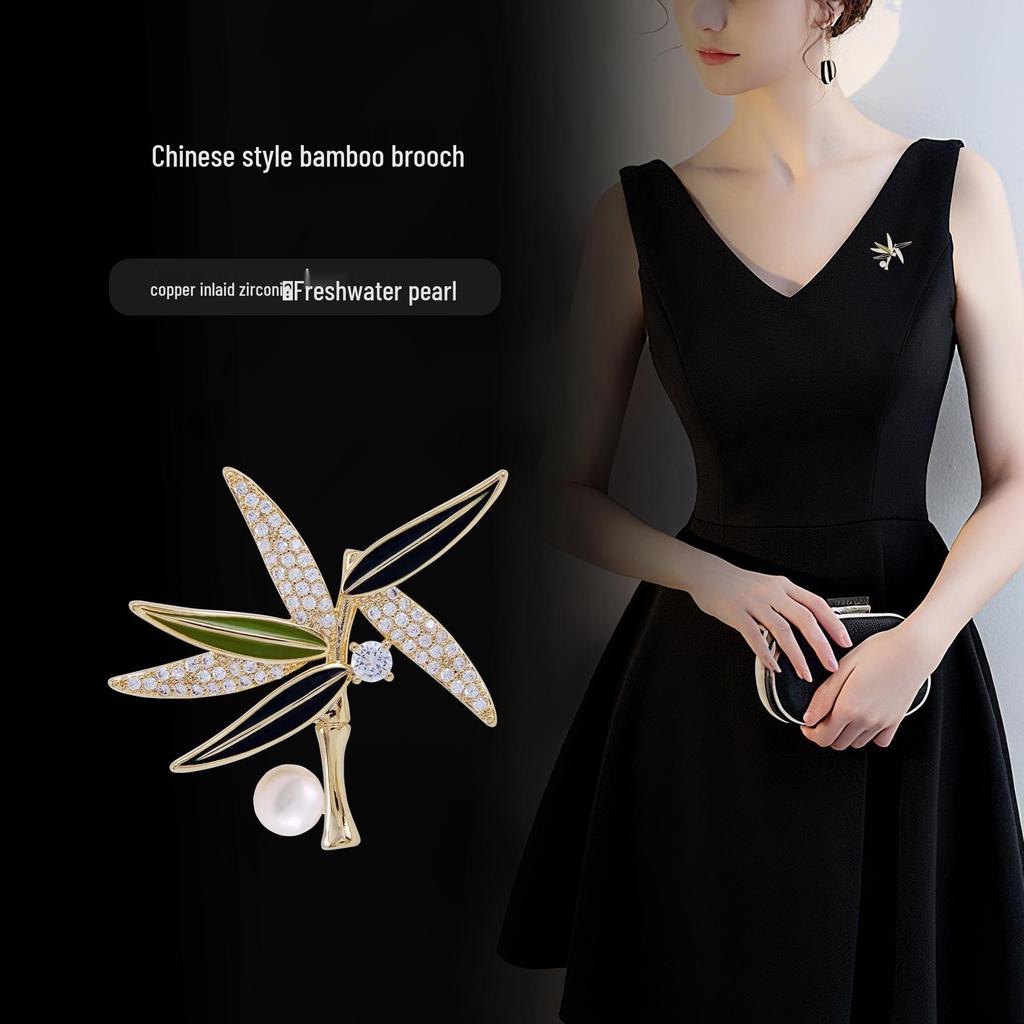 Elegant Chinese Freshwater Pearl & Bamboo Brooch with Zircon Accents - Women's Luxury Suit Accessory