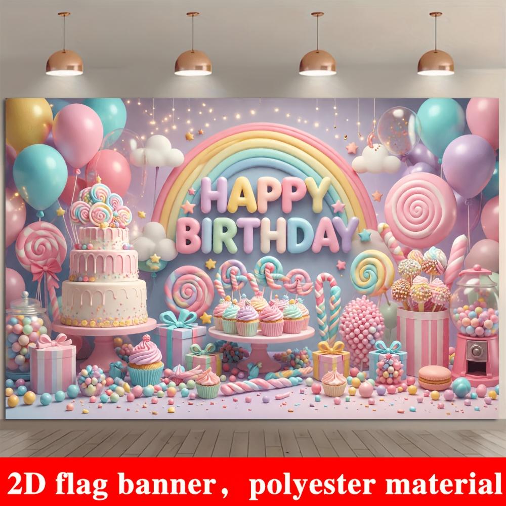 Candy Birthday Backdrop Banner, Macaron Rainbow Cake Cupcakes Lollipops Balloons, Polyester Wall Decor for Girls Party