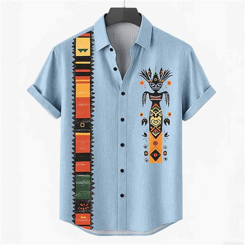 Men's Retro Style Casual Shirts Men's Tops with Tribal Prints, Short-sleeved Casual Beach Shirts, Hawaiian Style Shirts