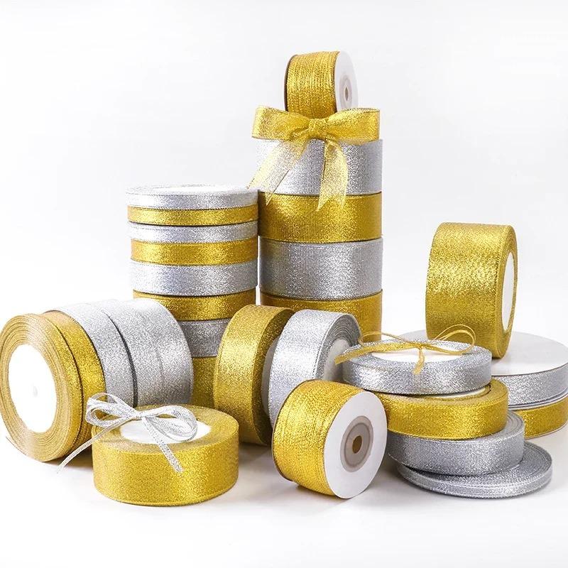 25yards/roll Gold Silver Metallic Glitter Ribbons for Apparel Garment DIY Accessories Crafts Sewing Fabric  Supplies Gift Wrap