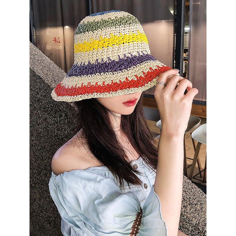 Chic Summer Straw Hat Beach Holiday Hat Hand Crocheted Rainbow Hat