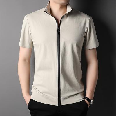 Summer Clothing Short Sleeve T-shirt Men's Straight Casual British Style Youth Thin Zipper Cardigan Lapel Bottoming Cotton T