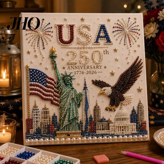 USA Lettering Pearl Art 250th Anniversary Painting Kit, DIY Patriotic Gift Set, Bead Craft Kit for Beginners Adults