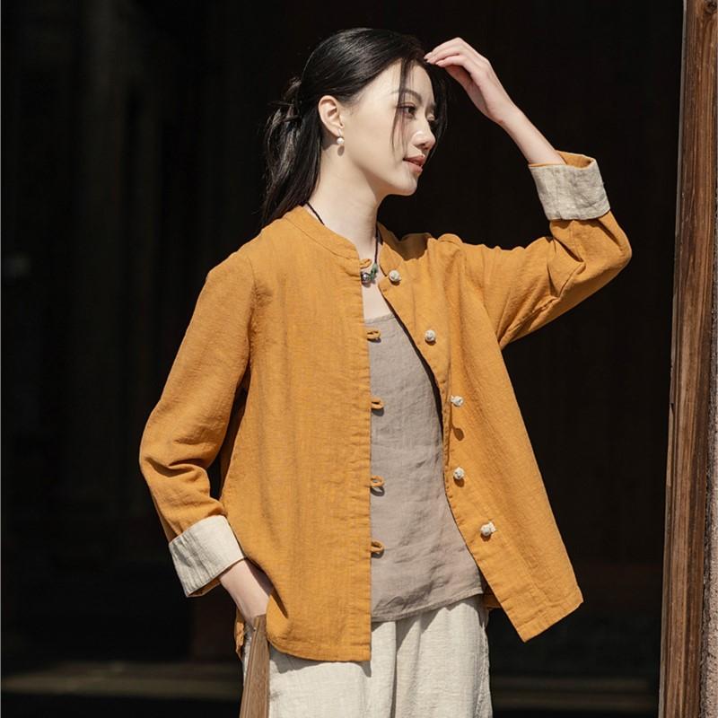 

Johnature Women Vintage Shirts Tops Stand Long Sleeve Solid Color Blouses Spring Button Loose Shirts One Size имбирный