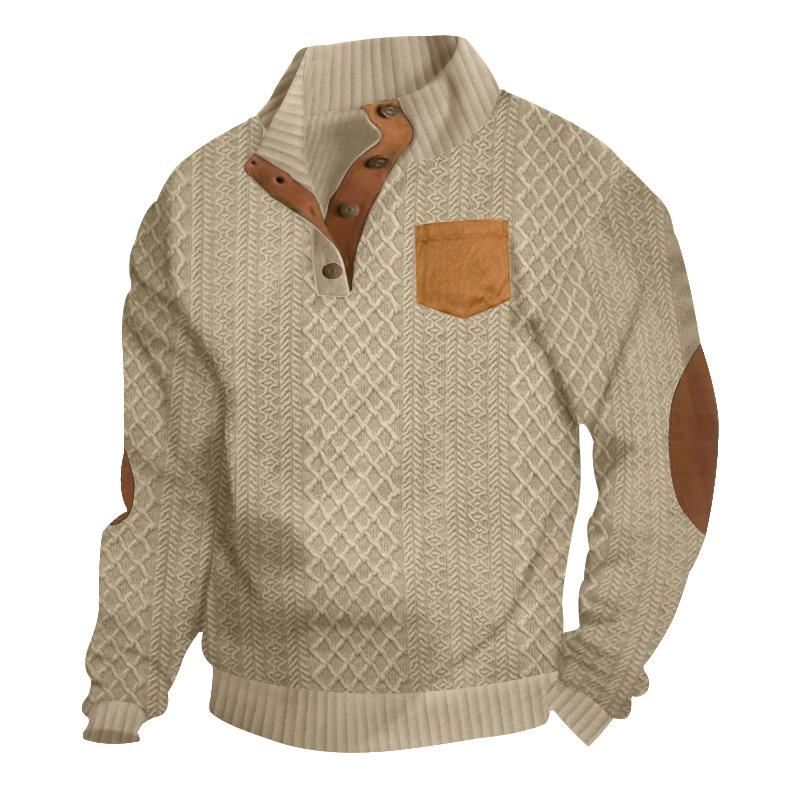 Spring/Autumn Men's Jacquard Knit Textured Pocket Henley Collar Buttoned Patch Long-Sleeved Sweatshirt