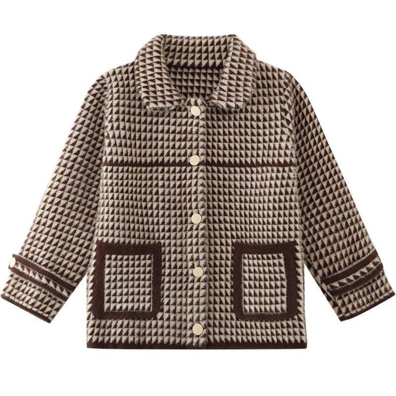 Giacca Autunnale e Invernale con Stampa a Quadri, Capispalla Casual a Maniche Lunghe con Bottoni, Abbigliamento da Donna