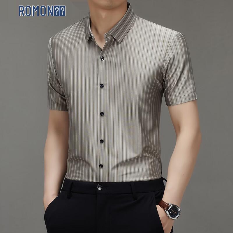 ROMON Men s Striped Short Sleeve Casual Shirt 3XL